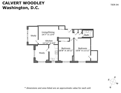A floor plan for a property in Washington D.C. with a study, living/dining area, kitchen, and two bedrooms.
